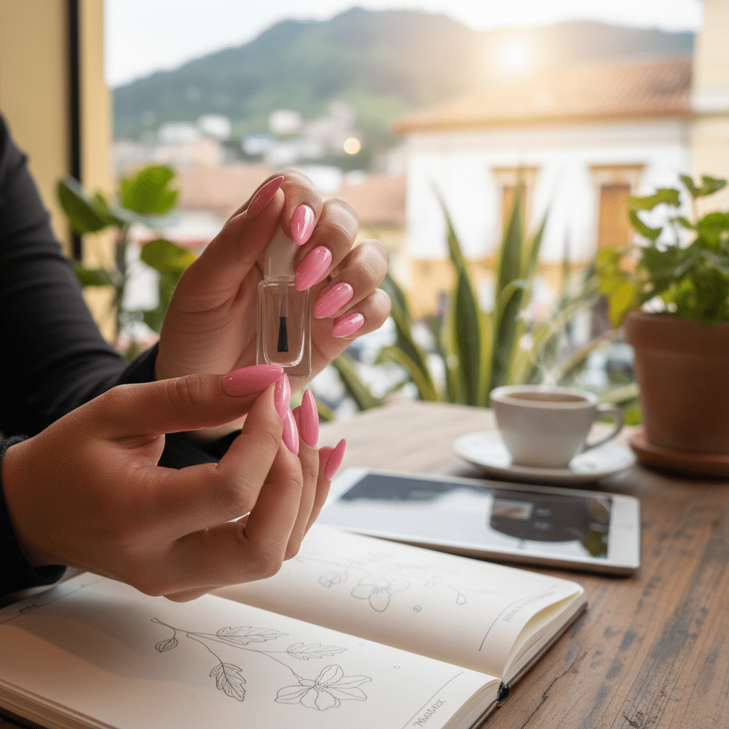 Productos profesionales y aceites de cuidado para mantener uñas semipermanentes rosas