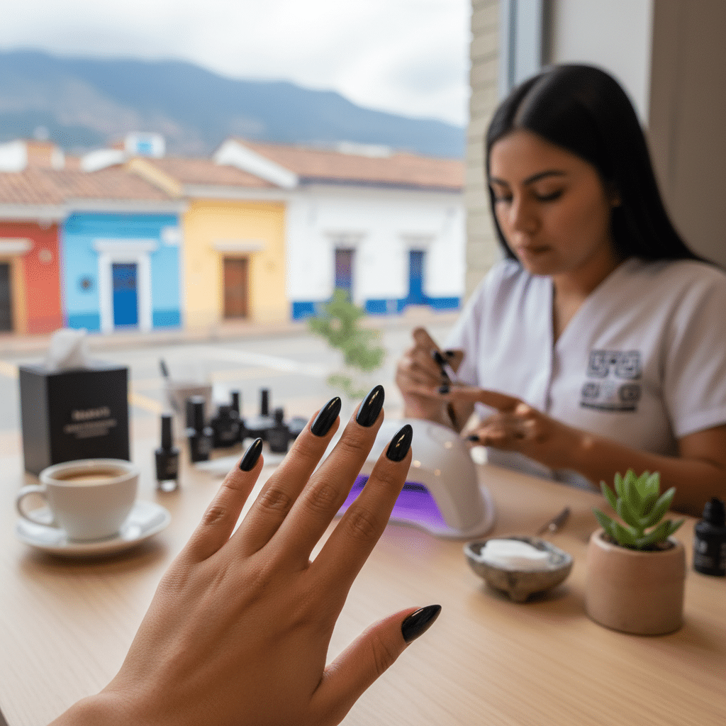 Uñas semipermanentes negras brillantes y elegantes