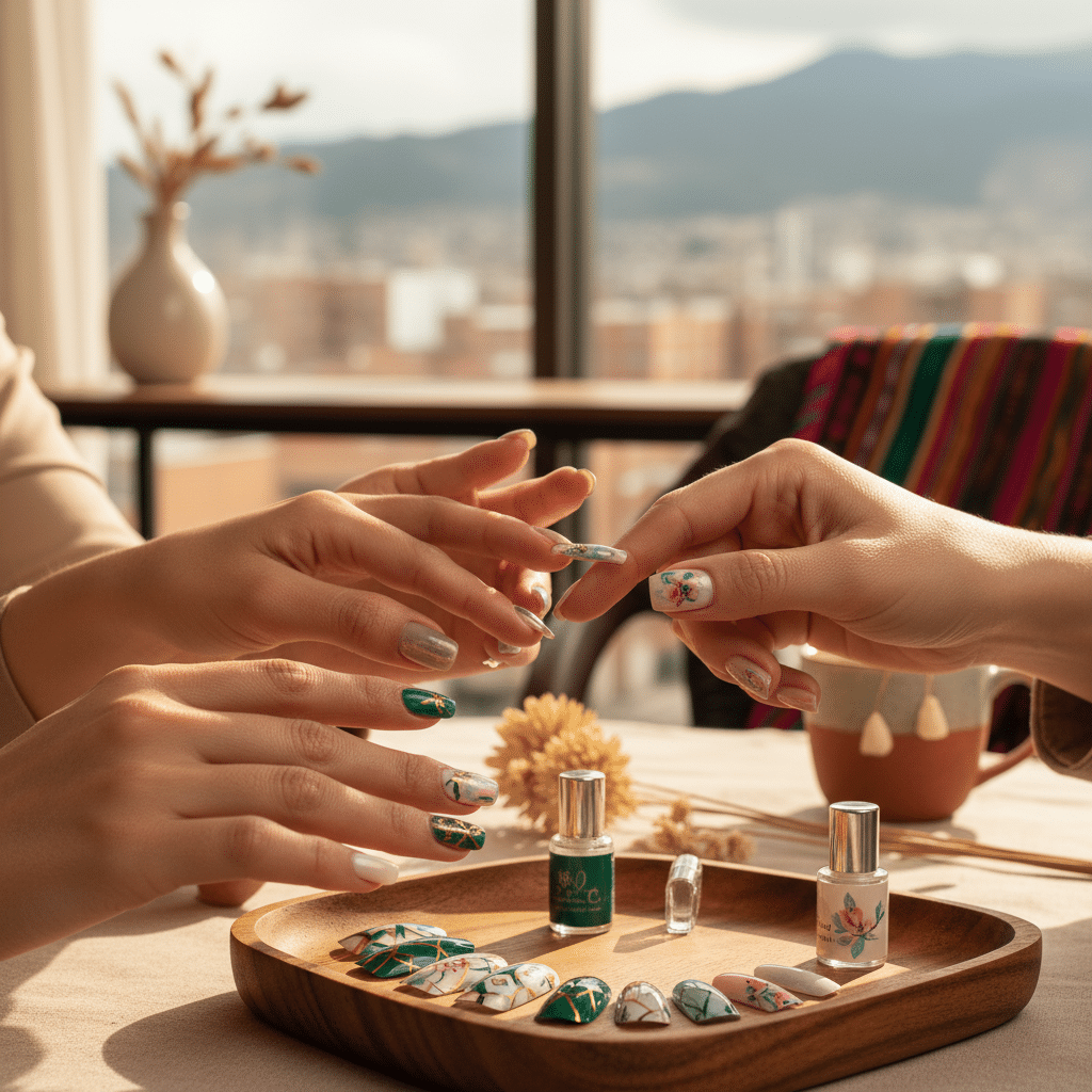 Mujer aplicando uñas press on decoradas en casa con un kit